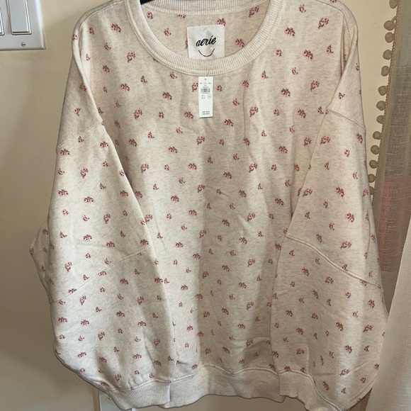 aerie Sweaters - Aerie Beige and Pink Floral Crew Neck Sweater Large BNWT